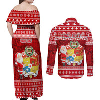 Personalized Tonga Christmas Couples Matching Off Shoulder Maxi Dress and Long Sleeve Button Shirts Kilisimasi Fiefia Santas Coat Of Arms LT05 - Polynesian Pride