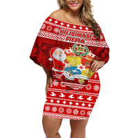 Personalized Tonga Christmas Off Shoulder Short Dress Kilisimasi Fiefia Santas Coat Of Arms LT05 Women Red - Polynesian Pride