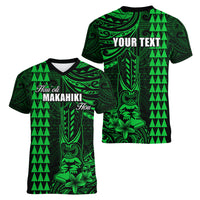 Personalized Hawaii Hauoli Makahiki Hou Women V Neck T Shirt Lono Hawaiian God Kakau Polynesian Tribal Green LT05 - Polynesian Pride