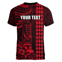 Personalized Hawaii Hauoli Makahiki Hou Women V Neck T Shirt Lono Hawaiian God Kakau Polynesian Tribal Red LT05 - Polynesian Pride