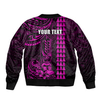 Personalized Hawaii Hauoli Makahiki Hou Sleeve Zip Bomber Jacket Lono Hawaiian God Kakau Polynesian Tribal Pink LT05 - Polynesian Pride