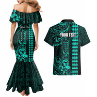 Personalized Hawaii Hauoli Makahiki Hou Couples Matching Mermaid Dress and Hawaiian Shirt Lono Hawaiian God Kakau Polynesian Tribal Turquoise LT05 - Polynesian Pride