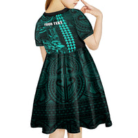 Personalized Hawaii Hauoli Makahiki Hou Kid Short Sleeve Dress Lono Hawaiian God Kakau Polynesian Tribal Turquoise LT05 - Polynesian Pride