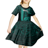 Personalized Hawaii Hauoli Makahiki Hou Kid Short Sleeve Dress Lono Hawaiian God Kakau Polynesian Tribal Turquoise LT05 - Polynesian Pride