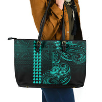 Hawaii Hauoli Makahiki Hou Leather Tote Bag Lono Hawaiian God Kakau Polynesian Tribal Turquoise LT05 - Polynesian Pride