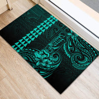 Hawaii Hauoli Makahiki Hou Rubber Doormat Lono Hawaiian God Kakau Polynesian Tribal Turquoise LT05 - Polynesian Pride