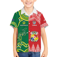 Custom Tonga XIII And Australia Kangaroos Family Matching Off The Shoulder Long Sleeve Dress and Hawaiian Shirt Mate Maa Tongan Ngatu With Aboriginal