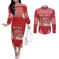 Custom Tonga Rugby Couples Matching Off The Shoulder Long Sleeve Dress and Long Sleeve Button Shirt Tonga Mate Ma'a Take The Lead LT05 Red - Polynesian Pride