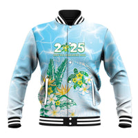 Personalised 2025 Aloha Hawaii Baseball Jacket Tropical Flowers And Honu LT05 Unisex Blue - Polynesian Pride