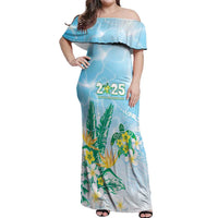 Personalised 2025 Aloha Hawaii Off Shoulder Maxi Dress Tropical Flowers And Honu LT05 Women Blue - Polynesian Pride