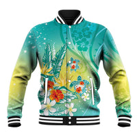 Hawaii Honu Baseball Jacket Tropical Flowers Turquoise Gradient LT05 Unisex Turquoise - Polynesian Pride