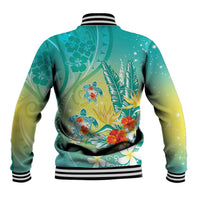 Hawaii Honu Baseball Jacket Tropical Flowers Turquoise Gradient LT05 - Polynesian Pride