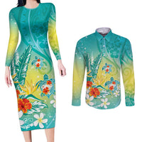 Hawaii Honu Couples Matching Long Sleeve Bodycon Dress and Long Sleeve Button Shirt Tropical Flowers Turquoise Gradient LT05 Turquoise - Polynesian Pride