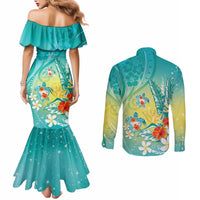 Hawaii Honu Couples Matching Mermaid Dress and Long Sleeve Button Shirt Tropical Flowers Turquoise Gradient LT05 - Polynesian Pride