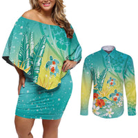 Hawaii Honu Couples Matching Off Shoulder Short Dress and Long Sleeve Button Shirt Tropical Flowers Turquoise Gradient LT05 Turquoise - Polynesian Pride
