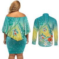 Hawaii Honu Couples Matching Off Shoulder Short Dress and Long Sleeve Button Shirt Tropical Flowers Turquoise Gradient LT05 - Polynesian Pride