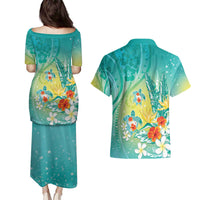 Hawaii Honu Couples Matching Puletasi and Hawaiian Shirt Tropical Flowers Turquoise Gradient