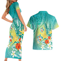 Hawaii Honu Couples Matching Short Sleeve Bodycon Dress and Hawaiian Shirt Tropical Flowers Turquoise Gradient LT05 - Polynesian Pride