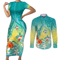 Hawaii Honu Couples Matching Short Sleeve Bodycon Dress and Long Sleeve Button Shirt Tropical Flowers Turquoise Gradient LT05 Turquoise - Polynesian Pride