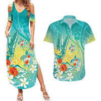 Hawaii Honu Couples Matching Summer Maxi Dress and Hawaiian Shirt - Tropical Flowers Turquoise Gradient LT05 Turquoise - Polynesian Pride