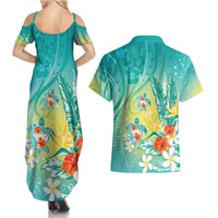 Hawaii Honu Couples Matching Summer Maxi Dress and Hawaiian Shirt - Tropical Flowers Turquoise Gradient LT05 - Polynesian Pride