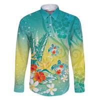 Hawaii Honu Family Matching Short Sleeve Bodycon Dress and Hawaiian Shirt Tropical Flowers Turquoise Gradient