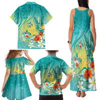 Hawaii Honu Family Matching Tank Maxi Dress and Hawaiian Shirt Tropical Flowers Turquoise Gradient