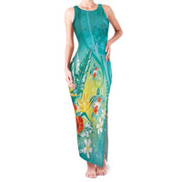 Hawaii Honu Family Matching Tank Maxi Dress and Hawaiian Shirt Tropical Flowers Turquoise Gradient
