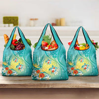 Hawaii Honu Grocery Bag Tropical Flowers Turquoise Gradient LT05 3-pack One Size Turquoise - Polynesian Pride