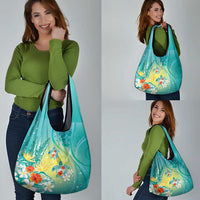 Hawaii Honu Grocery Bag Tropical Flowers Turquoise Gradient LT05 - Polynesian Pride