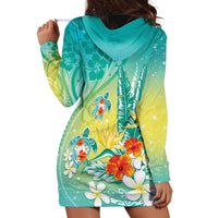 Hawaii Honu Hoodie Dress Tropical Flowers Turquoise Gradient LT05 - Polynesian Pride