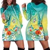 Hawaii Honu Hoodie Dress Tropical Flowers Turquoise Gradient LT05 - Polynesian Pride