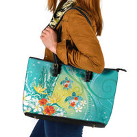 Hawaii Honu Leather Tote Bag - Tropical Flowers Turquoise Gradient LT05 Turquoise - Polynesian Pride