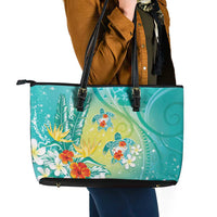 Hawaii Honu Leather Tote Bag - Tropical Flowers Turquoise Gradient LT05 - Polynesian Pride