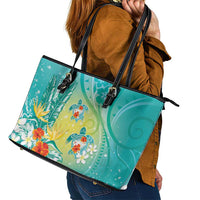 Hawaii Honu Leather Tote Bag - Tropical Flowers Turquoise Gradient LT05 - Polynesian Pride