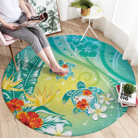 Hawaii Honu Round Carpet Tropical Flowers Turquoise Gradient