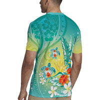 Hawaii Honu Rugby Jersey Tropical Flowers Turquoise Gradient LT05 - Polynesian Pride