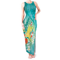 Hawaii Honu Tank Maxi Dress Tropical Flowers Turquoise Gradient LT05 Women Turquoise - Polynesian Pride