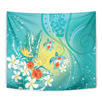Hawaii Honu Tapestry Tropical Flowers Turquoise Gradient