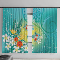 Hawaii Honu Window Curtain Tropical Flowers Turquoise Gradient LT05 With Hooks Turquoise - Polynesian Pride