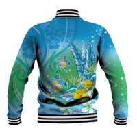 Hawaii Honu Baseball Jacket Tropical Flowers Blue Gradient LT05 - Polynesian Pride