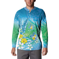 Hawaii Honu Button Sweatshirt Tropical Flowers Blue Gradient LT05 - Polynesian Pride