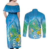 Hawaii Honu Couples Matching Off Shoulder Maxi Dress and Long Sleeve Button Shirt Tropical Flowers Blue Gradient LT05 - Polynesian Pride