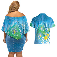 Hawaii Honu Couples Matching Off Shoulder Short Dress and Hawaiian Shirt Tropical Flowers Blue Gradient LT05 - Polynesian Pride