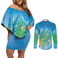 Hawaii Honu Couples Matching Off Shoulder Short Dress and Long Sleeve Button Shirt Tropical Flowers Blue Gradient LT05 Blue - Polynesian Pride