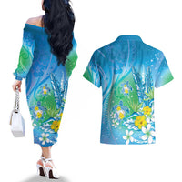 Hawaii Honu Couples Matching Off The Shoulder Long Sleeve Dress and Hawaiian Shirt Tropical Flowers Blue Gradient LT05 - Polynesian Pride