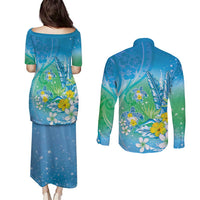 Hawaii Honu Couples Matching Puletasi and Long Sleeve Button Shirt Tropical Flowers Blue Gradient LT05 - Polynesian Pride