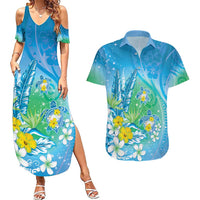Hawaii Honu Couples Matching Summer Maxi Dress and Hawaiian Shirt - Tropical Flowers Blue Gradient LT05 Blue - Polynesian Pride