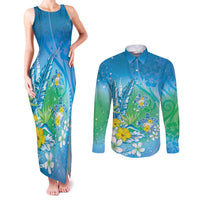 Hawaii Honu Couples Matching Tank Maxi Dress and Long Sleeve Button Shirt - Tropical Flowers Blue Gradient LT05 Blue - Polynesian Pride