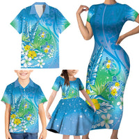 Hawaii Honu Family Matching Short Sleeve Bodycon Dress and Hawaiian Shirt Tropical Flowers Blue Gradient
